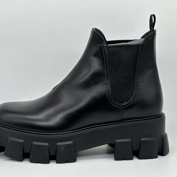 PRADA Monolith Brushed Leather Lug Sole Pull On Chelsea Ankle Boots Black - Picture 4 of 15